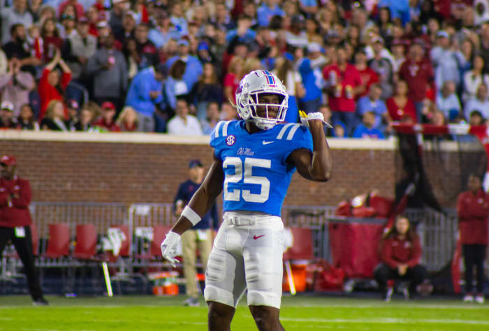 Ole Miss Rebels safety Trey Washington (25) on the field vs. the Arkansas Razorbacks (2023).